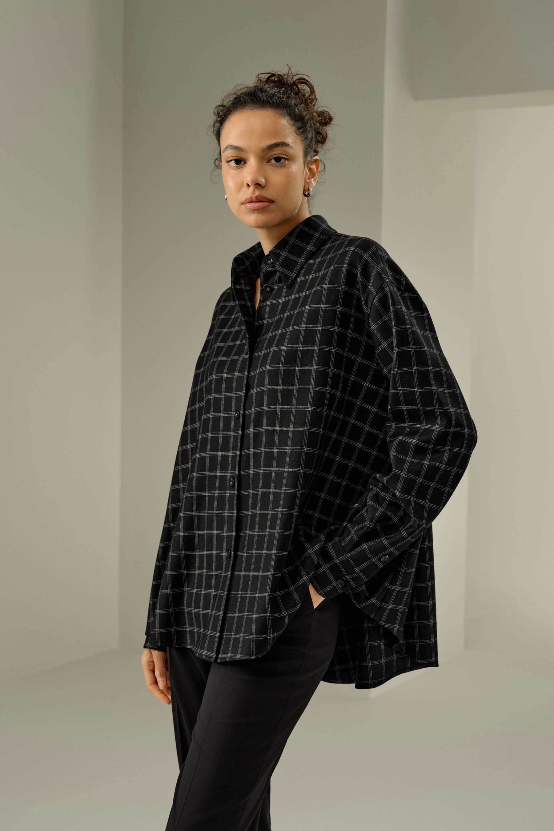 Silk-wool windowpane pattern shirt | LILYSILK