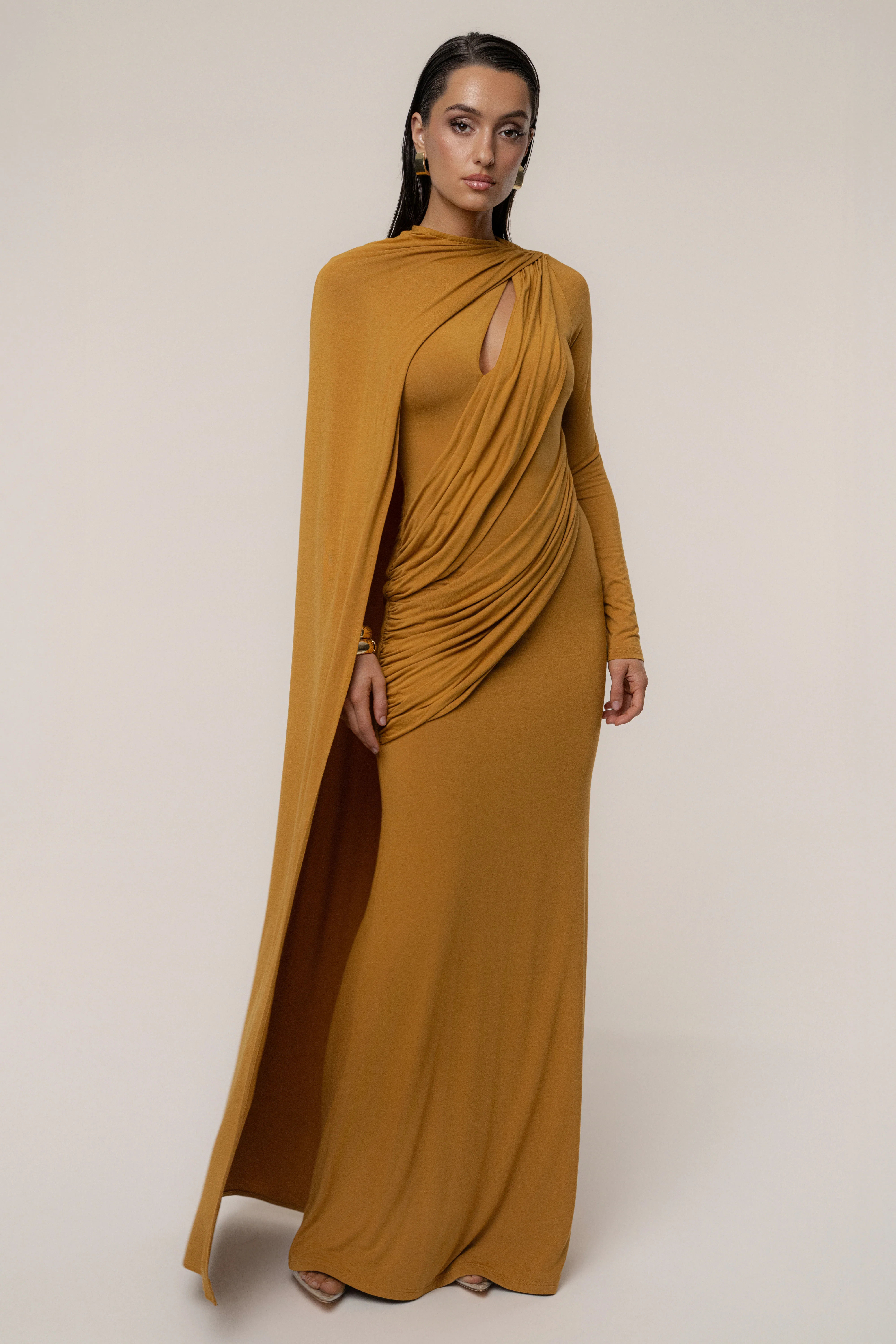 Gold Draped Elegance Cape Dress | JLUXLABEL US