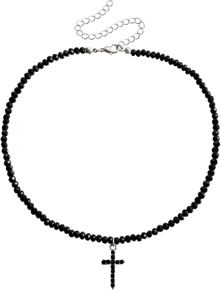 Dainty Black Cross Pendant Necklace for Women crystal Seed Bead Beaded Choker Necklace Faith Jewe... | Amazon (US)