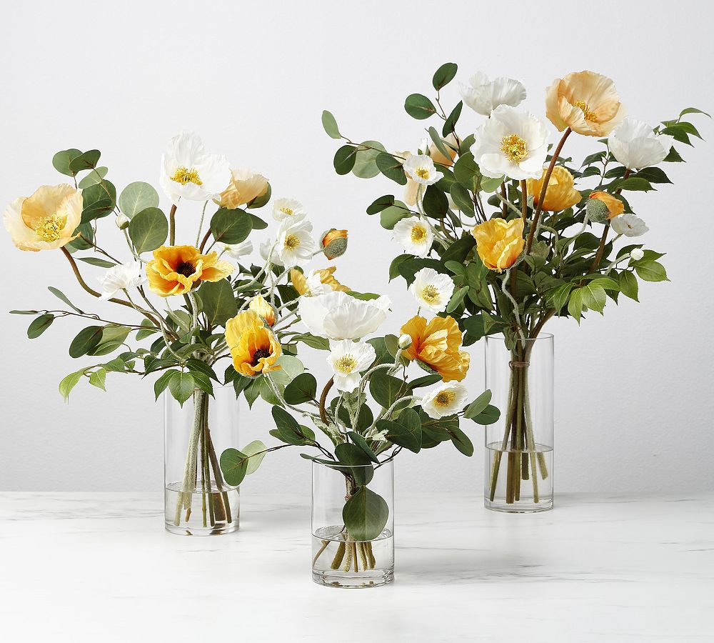Faux Yellow & White Poppy Arrangement In Glass Vase | Pottery Barn (US)