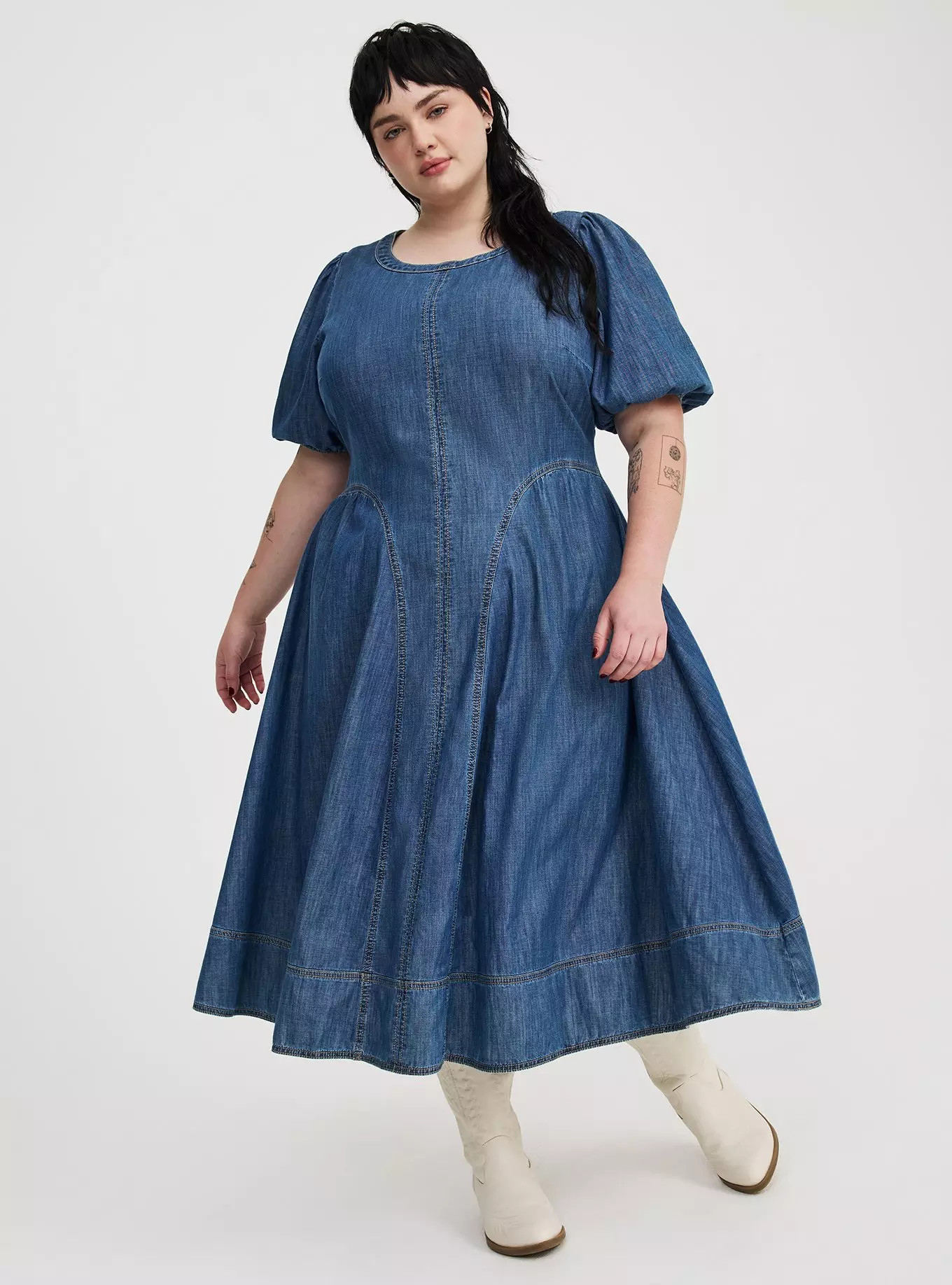 Puff-Sleeve Tea-Length Denim Dress | Torrid (US & Canada)