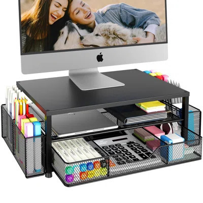 Desk Organizer And Accessories, 2-Tier Computer Monitor Stand Riser With Drawer And 2 Pen Holders, Office Desk Accessories | Wayfair North America