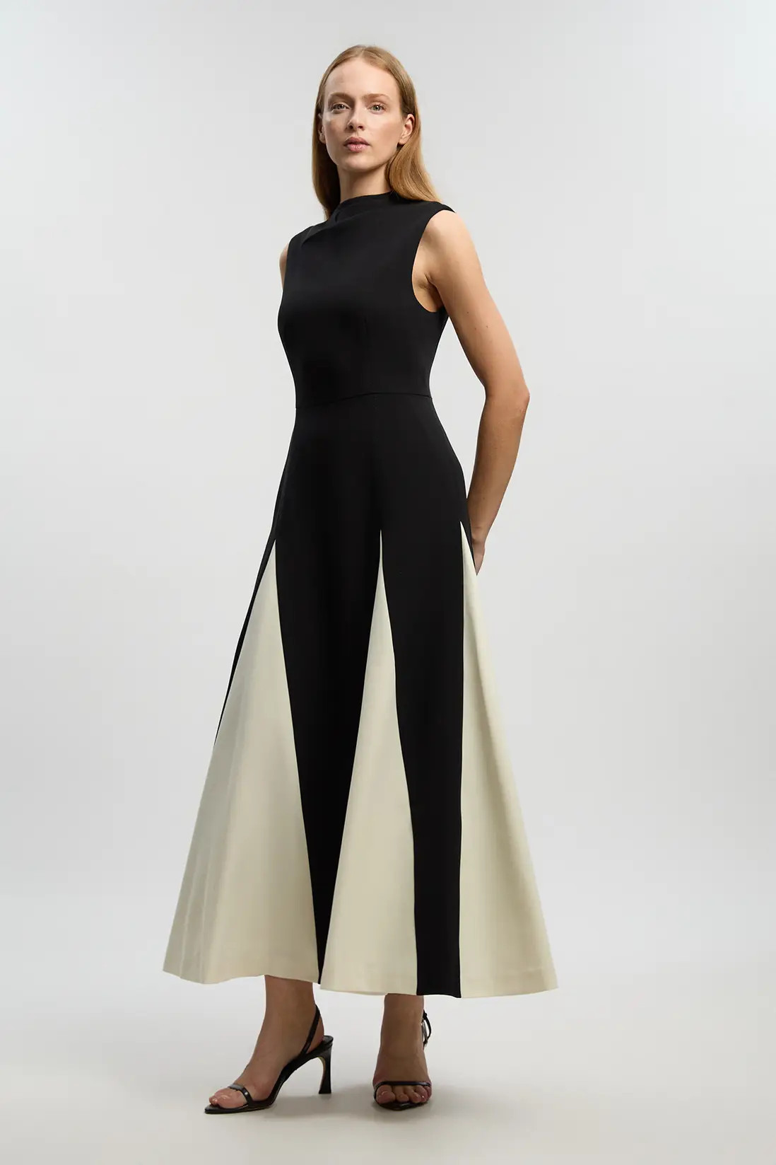 Compact Stretch Tailored Colour Block Full Skirted Midi Dress | Karen Millen