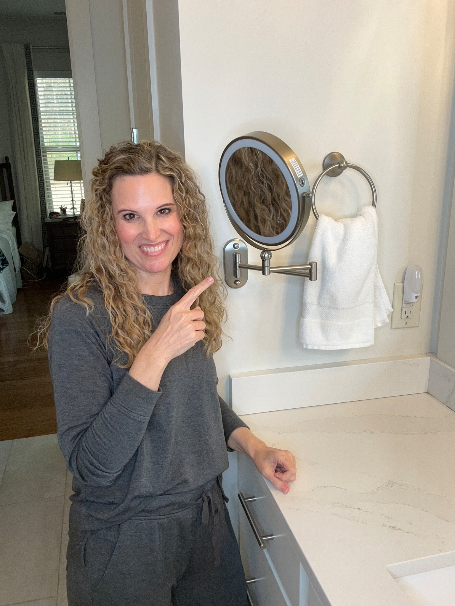 I have always loved the mirrors in hotel rooms- so much that I got one for my bathroom! I’m wearing my fave cozy at home outfit. Feels like pjs but nice enough to answer the door in  

#LTKmomlife #LTKPetite #LTKOver40