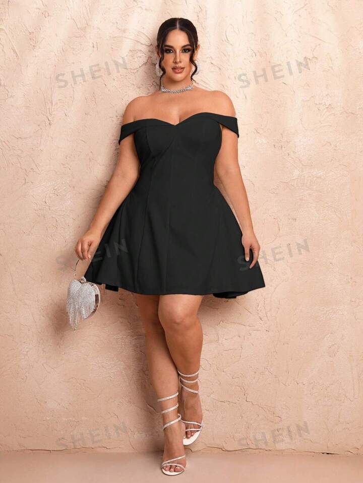 SHEIN BAE Plus Size Women Summer White Elegant Sweet Puffy Skirt Date Out Off Shoulder Mini Dress | SHEIN