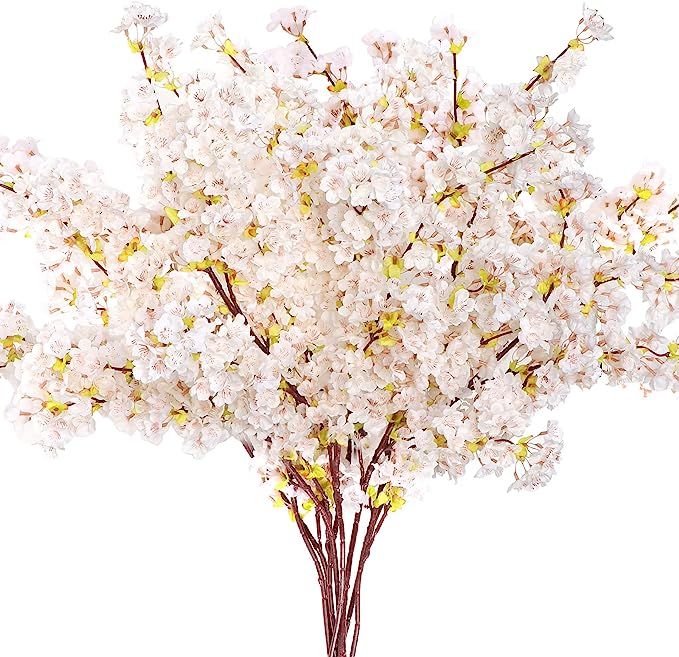 Giegxin Set of 8 Silk Cherry Blossom Branches White Cherry Blossom Tree Stems Long stem Artificia... | Amazon (US)