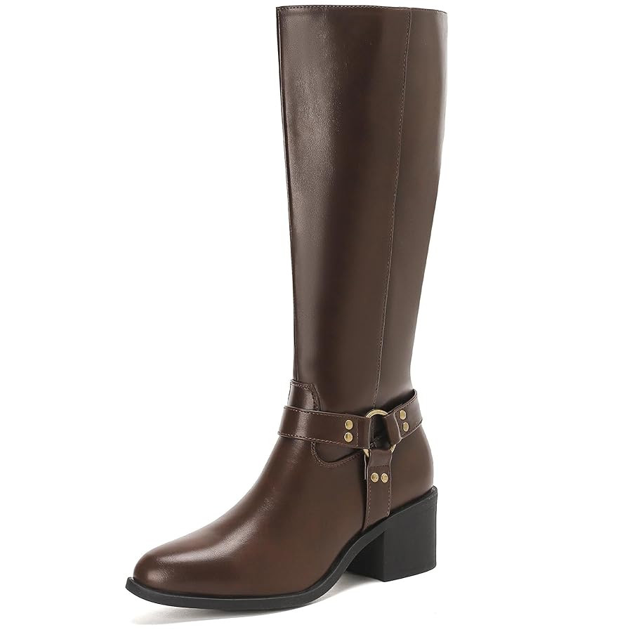 Putu Women's Riding Boots Block Heel Knee High Boots Almond Toe Fall Boots with Buckle | Amazon (US)