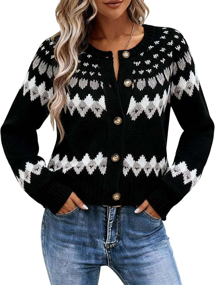 EMMIOL Womens Fair Isle Sweater Cropped Button Up Long Sleeve Cardigans Crewneck Knit Sweater Coa... | Amazon (US)