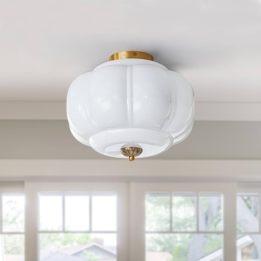Milk Glass Ceiling Light Fixture with 3CCT LED Bulbs Included, 15 Inch Farmhouse Brass Semi Flush... | Amazon (US)