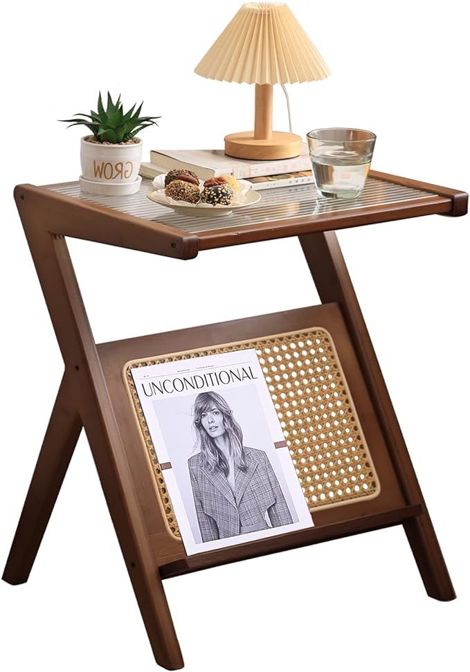 Tiita Rattan Nightstand Side Table, Bamboo Accent Bedside Tables, Glass Coffee Tables, Boho Woode... | Amazon (US)