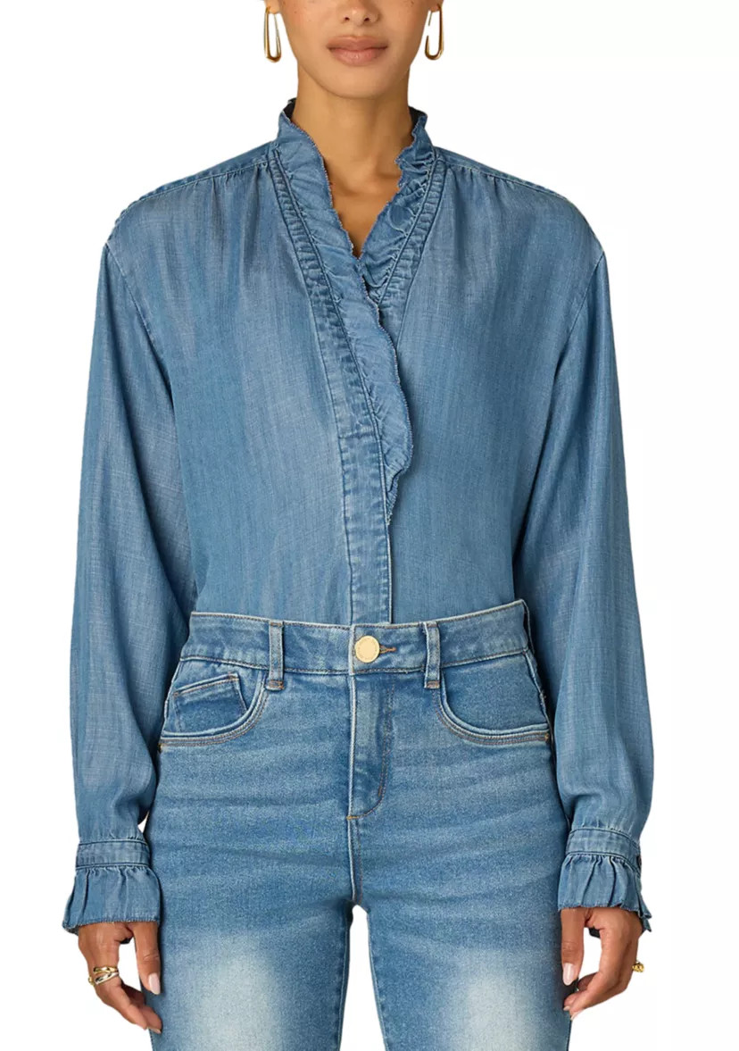 Women's Long Sleeve Ruffle Neck Denim Blouse | Belk