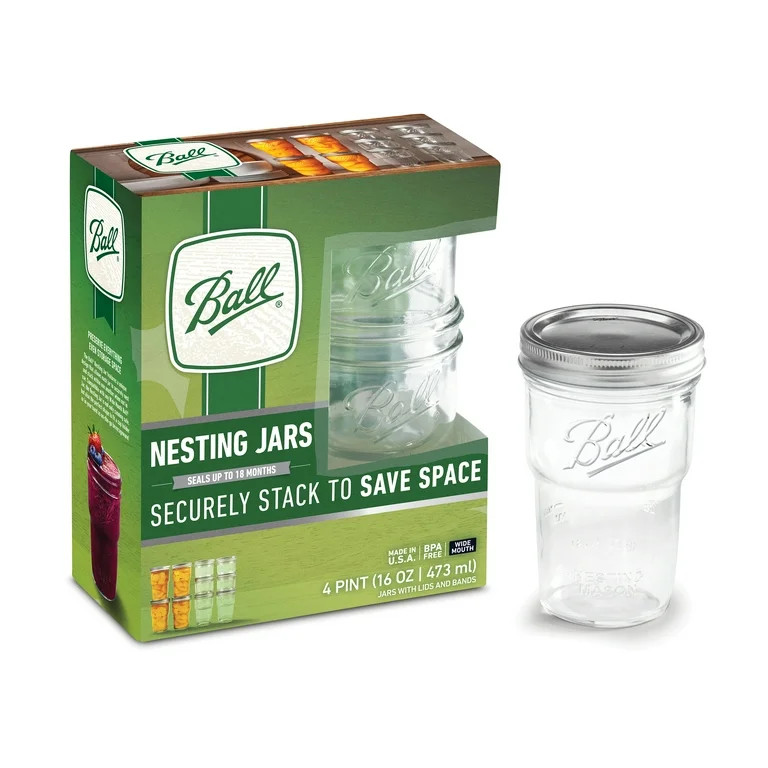 Ball Nesting Mason Jar Set with Lids & Bands for Canning or Drinkware, Wide Mouth, Pint, 4-Pack | Walmart (US)