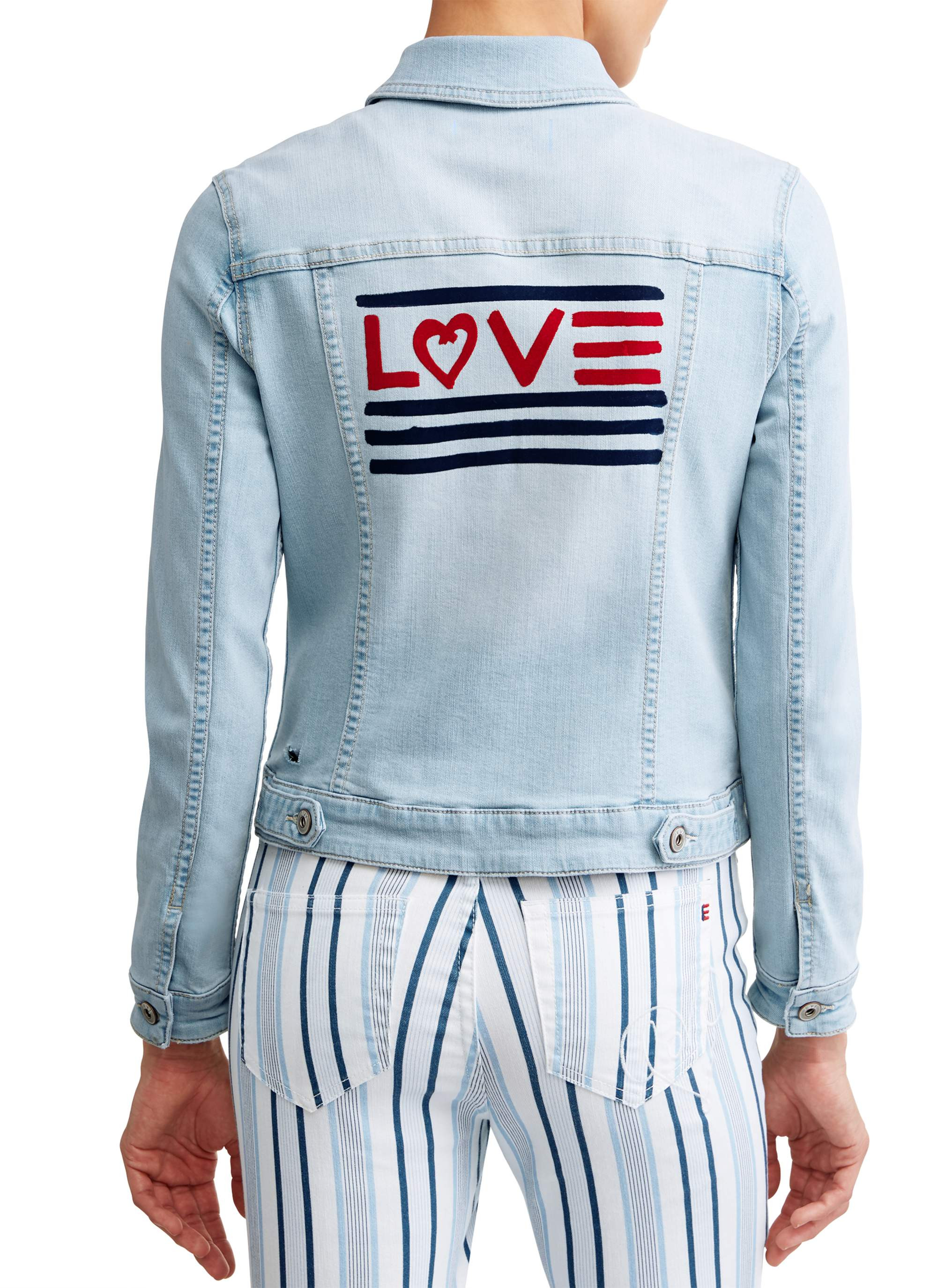 EV1 from Ellen DeGeneres - Love Flag Bleached Denim Jacket Women's - Walmart.com | Walmart (US)