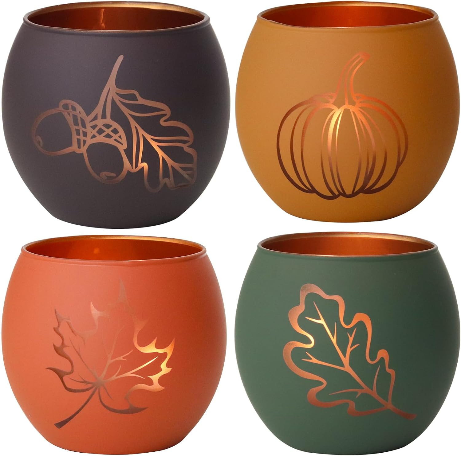Fall Candle Holders Set of 4, Glass Tealight Votive Holders, Indoor Outdoor Thanksgiving Table Decor with Laser-Etched Maple Leaf and Pumpkin Design, Autumn Party Wedding Table Centerpieces (Brown) | Amazon (US)