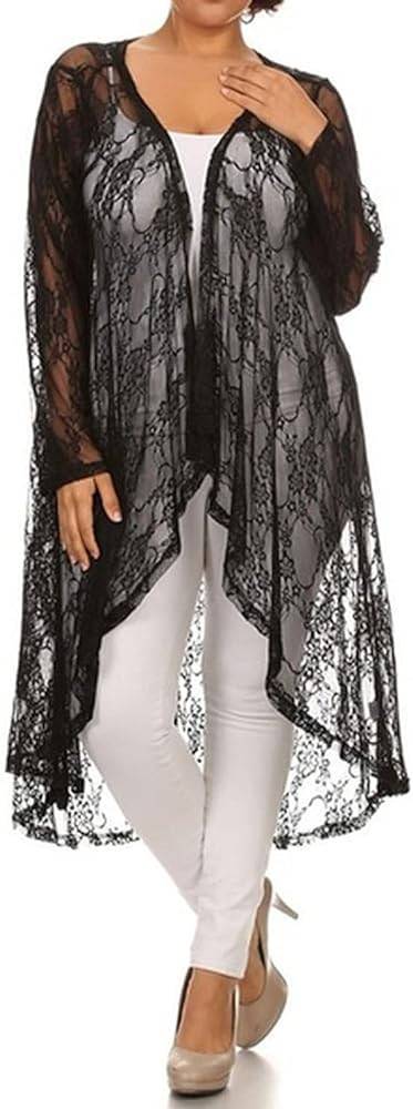 646 - Sheer Lace Long Sleeve Open Front Long Body Asymmetric Hem Hi Low Duster Cardigan | Amazon (US)