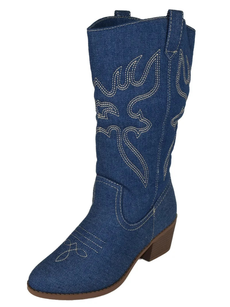 Women Cowgirl Cowboy Stitched Mid Calf Forever Boots Pointy Toe Western Blue Denim 6.5 | Walmart (US)