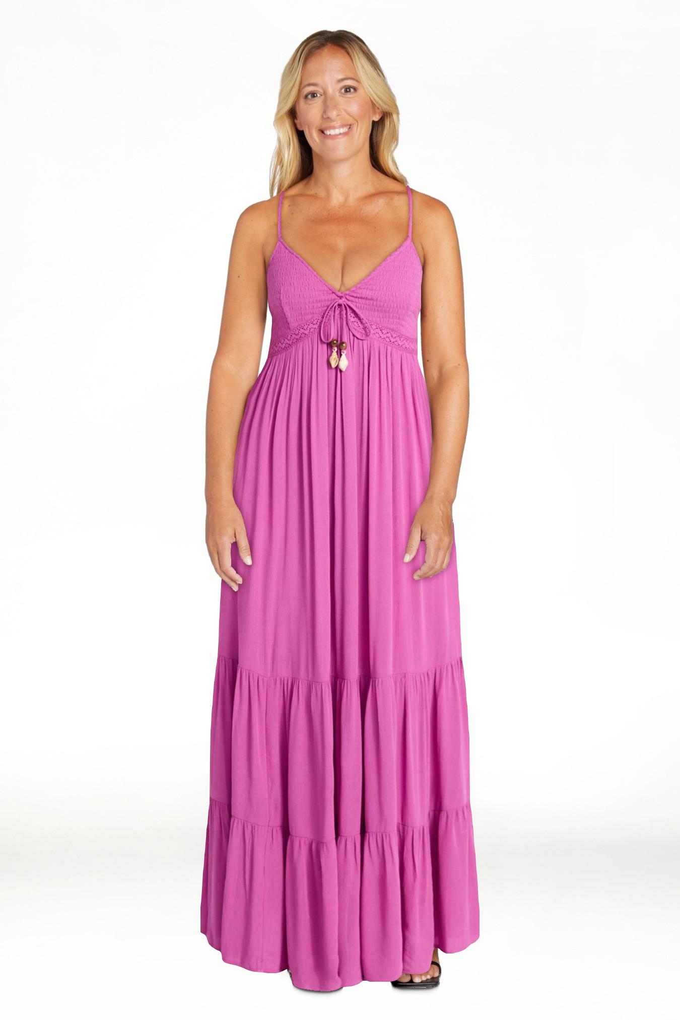 No Boundaries Crochet Lace Trim Tiered Maxi Dress, Women's XXS-XXL | Walmart (US)