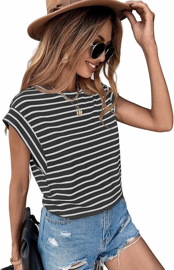 Floerns Women's Casual Stripe Print Batwing Sleeve T Shirts Round Neck Tee | Amazon (US)