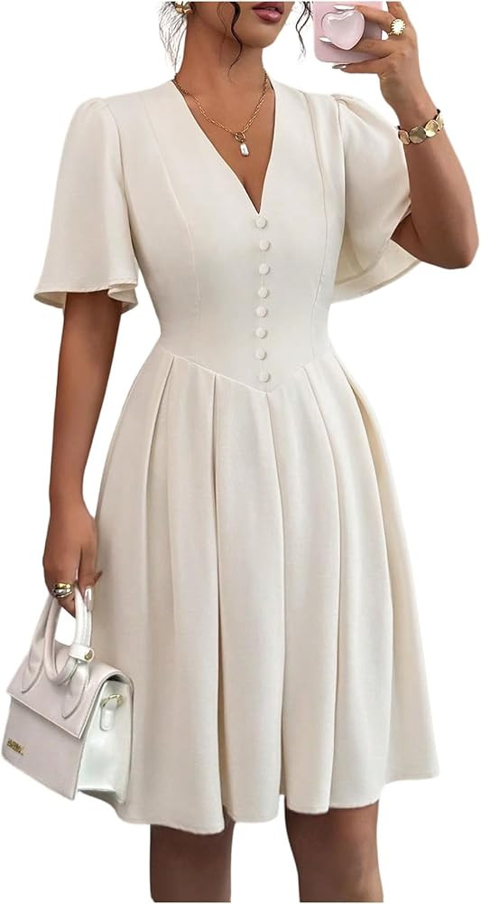 Floerns Women's Elegant Flounce Sleeve A Line Dress V Neck Formal Wedding Guest Dresses | Amazon (US)