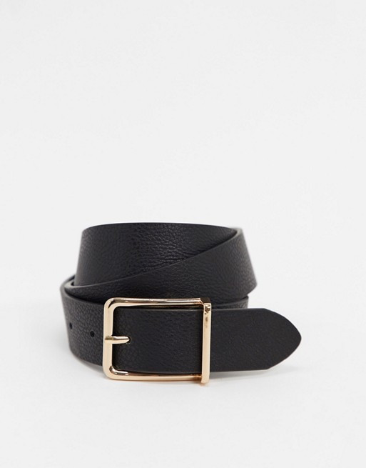 ASOS DESIGN slim belt in black pebble faux leather with gold box buckle | ASOS (Global)