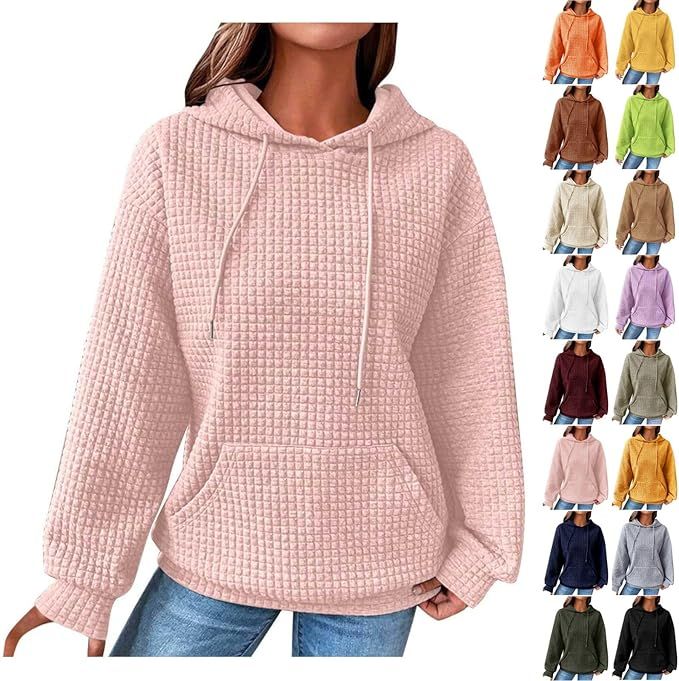 Hoodies for Women, Fall Fashion 2024 Trendy Waffle Knit Drawstring Pullover Sweatshirts Casual Lo... | Amazon (US)