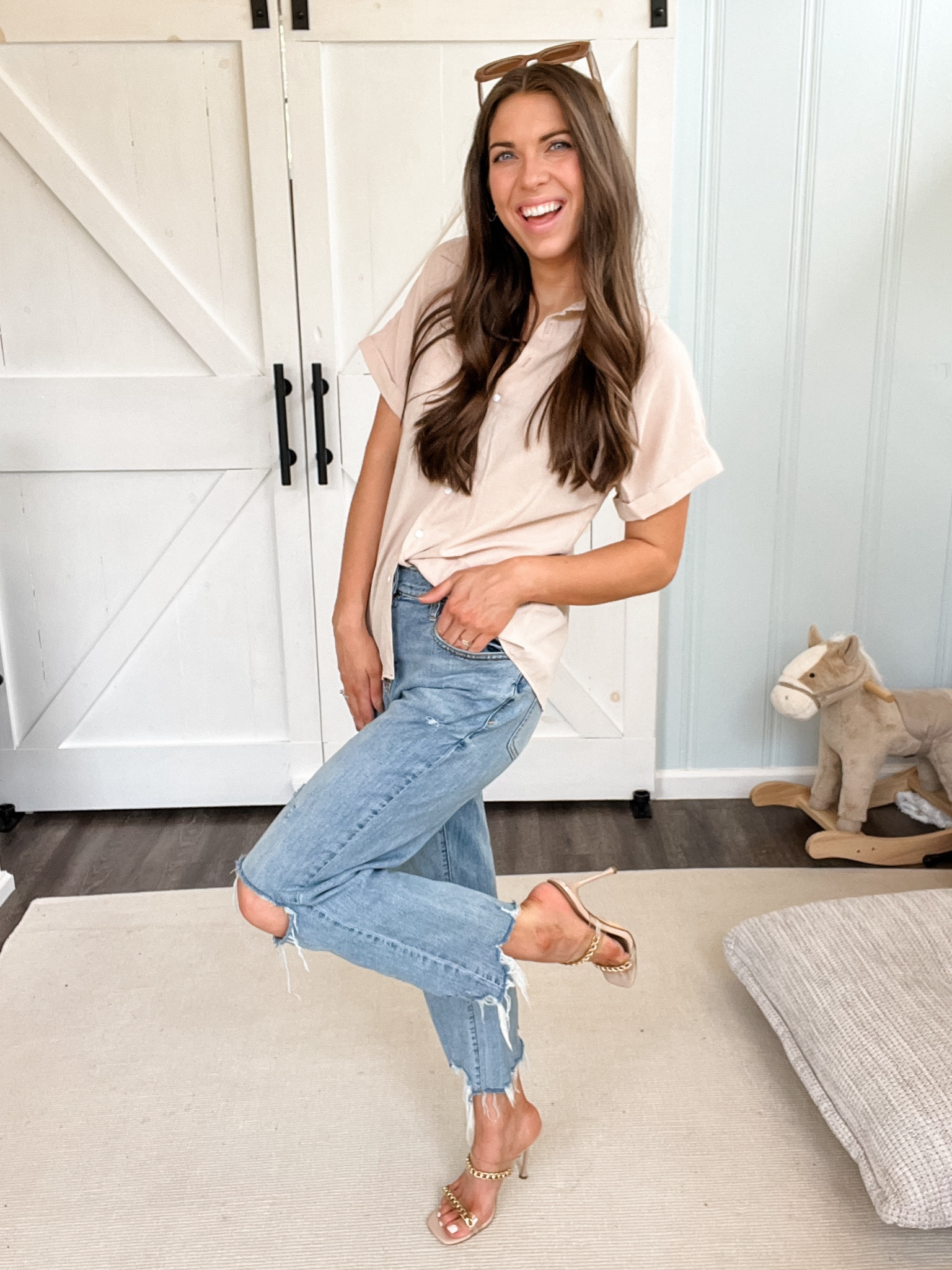 Loving my new Amazon finds! One of my favorite tops from my latest haul- this short sleeve button up is perfect for summer time and is also breastfeeding friendly! 

Mom jeans, distressed jeans, casual heels, summer outfit, casual summer, classy summer 

#LTKStyleTip #LTKSummerSales #LTKFindsUnder50