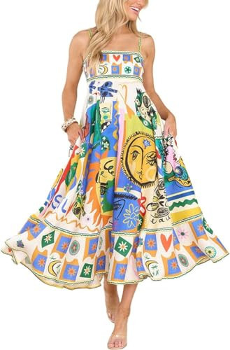 Pinclodly Maxi Dresses for Women Sleeveless Boho Graffiti Dresses Smocked Flowy Summer Dress Boho Cami Dresses Y2K Beach Dress | Amazon (US)