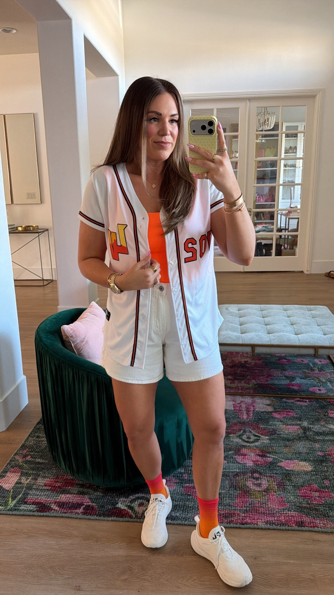 curvy midsize sporty look i wore to a baseball game! jersey was custom, linking everything else! in size large in orange tank and 30 in white denim shorts 🧡⚾️

#LTKSeasonal #LTKMidsize