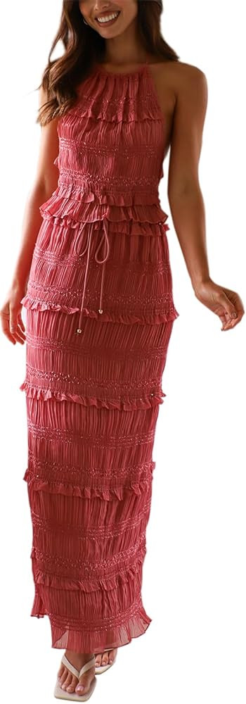 Two Piece Maxi Skirt Sets for Women Summer Backless Halter Beach Cami Top Long Skirt Going Out Se... | Amazon (US)