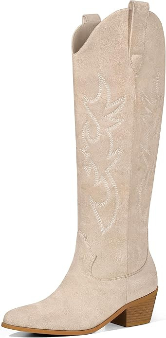 Ouepiano White Cowgirl Boots Women Cowboy Knee High Tall Boots Chunky Heel Pointed Toe Pull-On We... | Amazon (US)