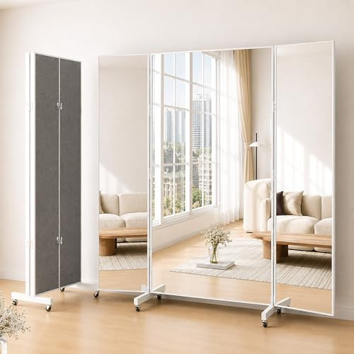 Fitcleer 71”x67” Rolling Full Length Mirror, 3-Way Foldable Glassless Nano Design, Ultra-Light Mirror with Wheels for Home Gym, Dance Studio & Workout Room, White | Amazon (US)