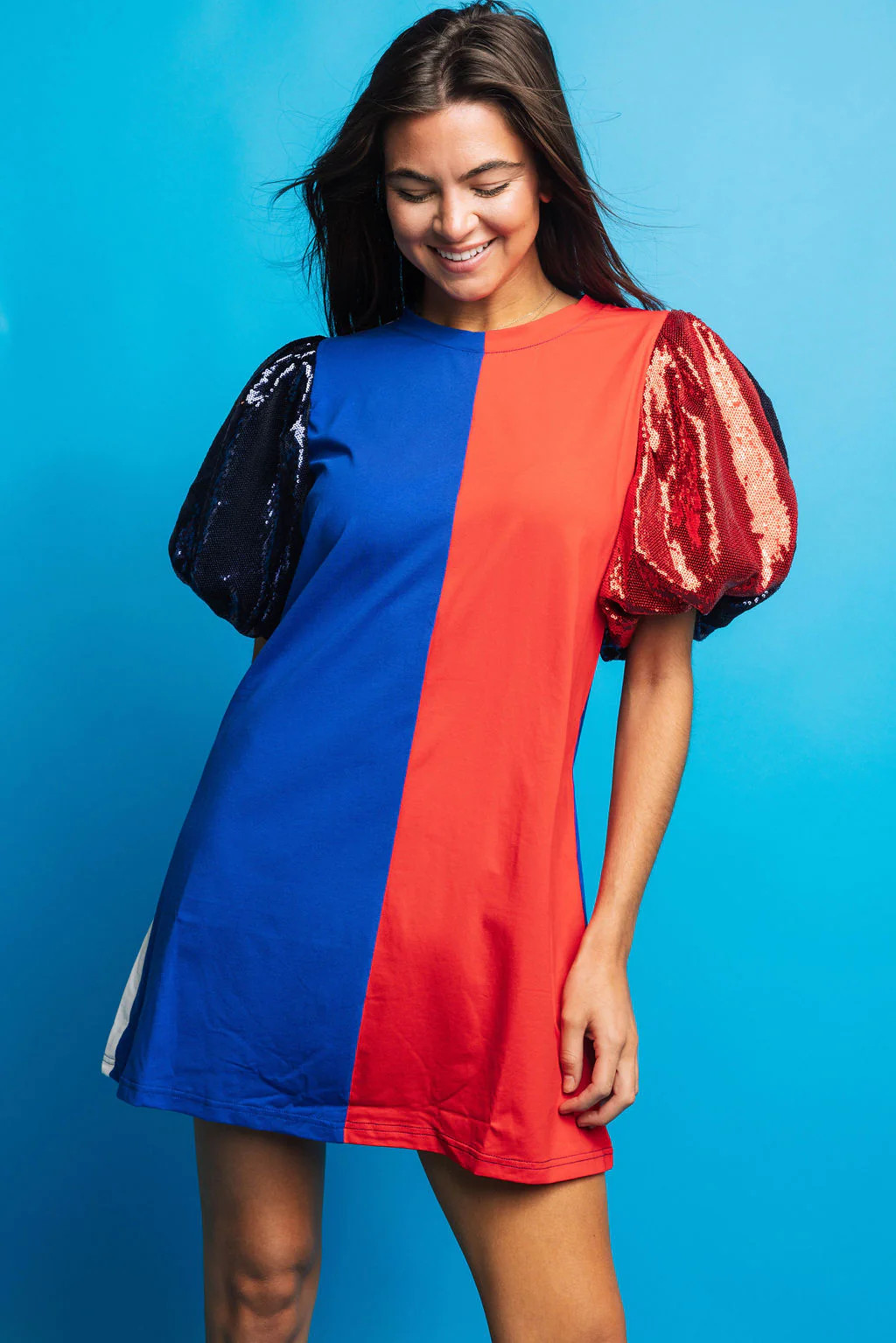 Royal Blue, Red & White Colorblock Sequin Sleeve Dress | Queen of Sparkles