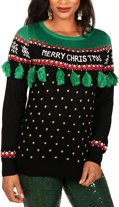 Tipsy Elves' Women’s Christmas Tree Tassel Sweater - Black and Green Ugly Christmas Sweater | Amazon (US)