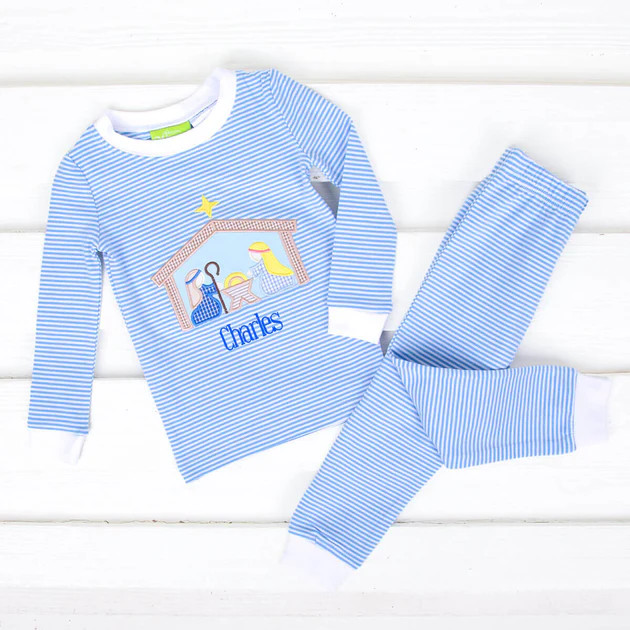 Nativity Blessing Blue Stripe Pajamas | Classic Whimsy