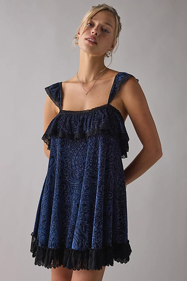 Kimchi Blue Sweet Dreaming Burnout Velvet Lace Trim Babydoll Mini Dress in Navy, Women's at Urban Outfitters | Urban Outfitters (US and RoW)