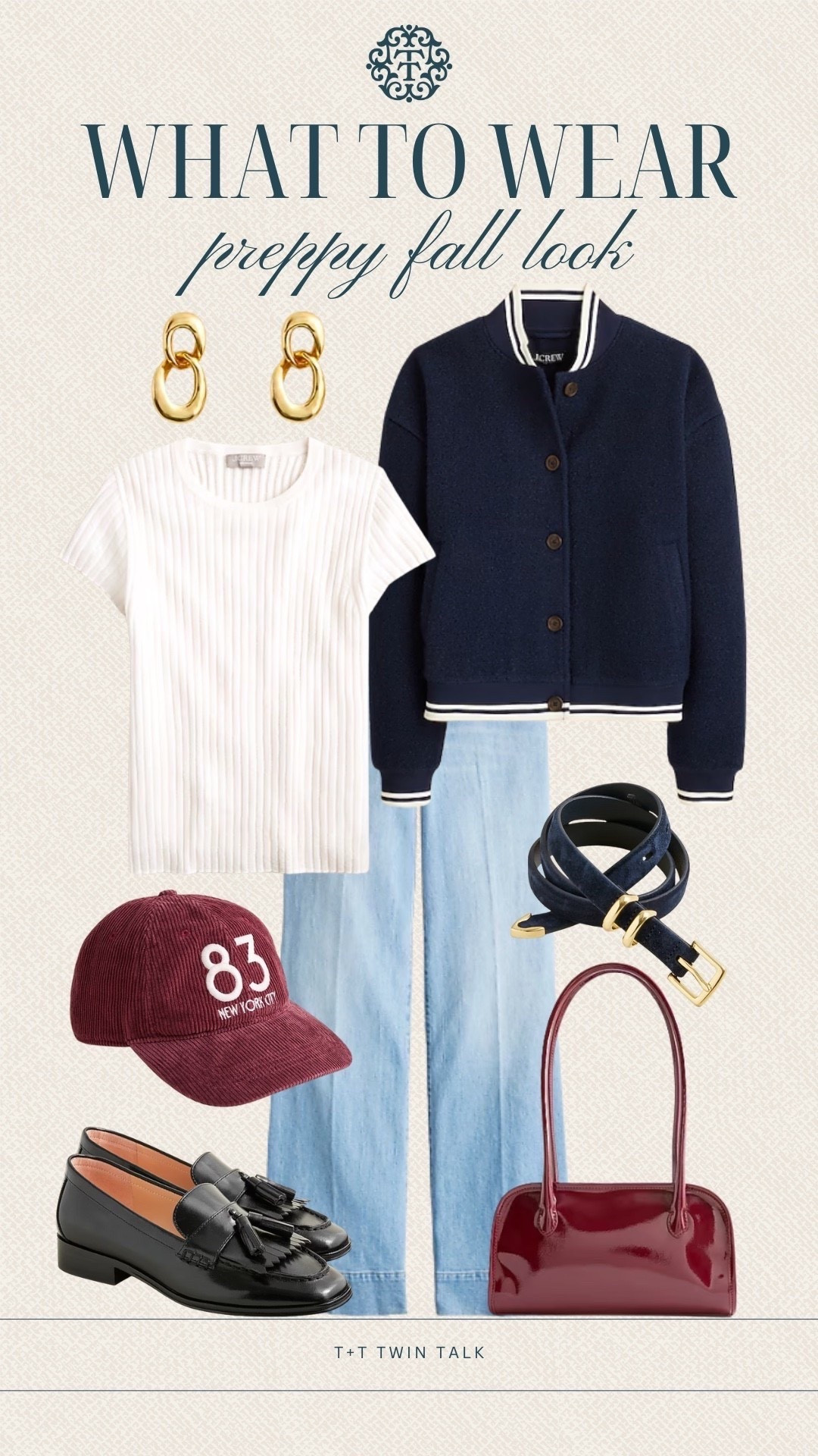 T+T, what to wear, preppy fall outfit! Looking for some outfit inspiration? We are loving this white ribbed top paired with a J.Crew navy jacket, and light wash denim! We accessorized the look with a black leather belt, corduroy J.Crew hat, and chic purse! 

#LTKOver40 #LTKSeasonal #LTKMidsize