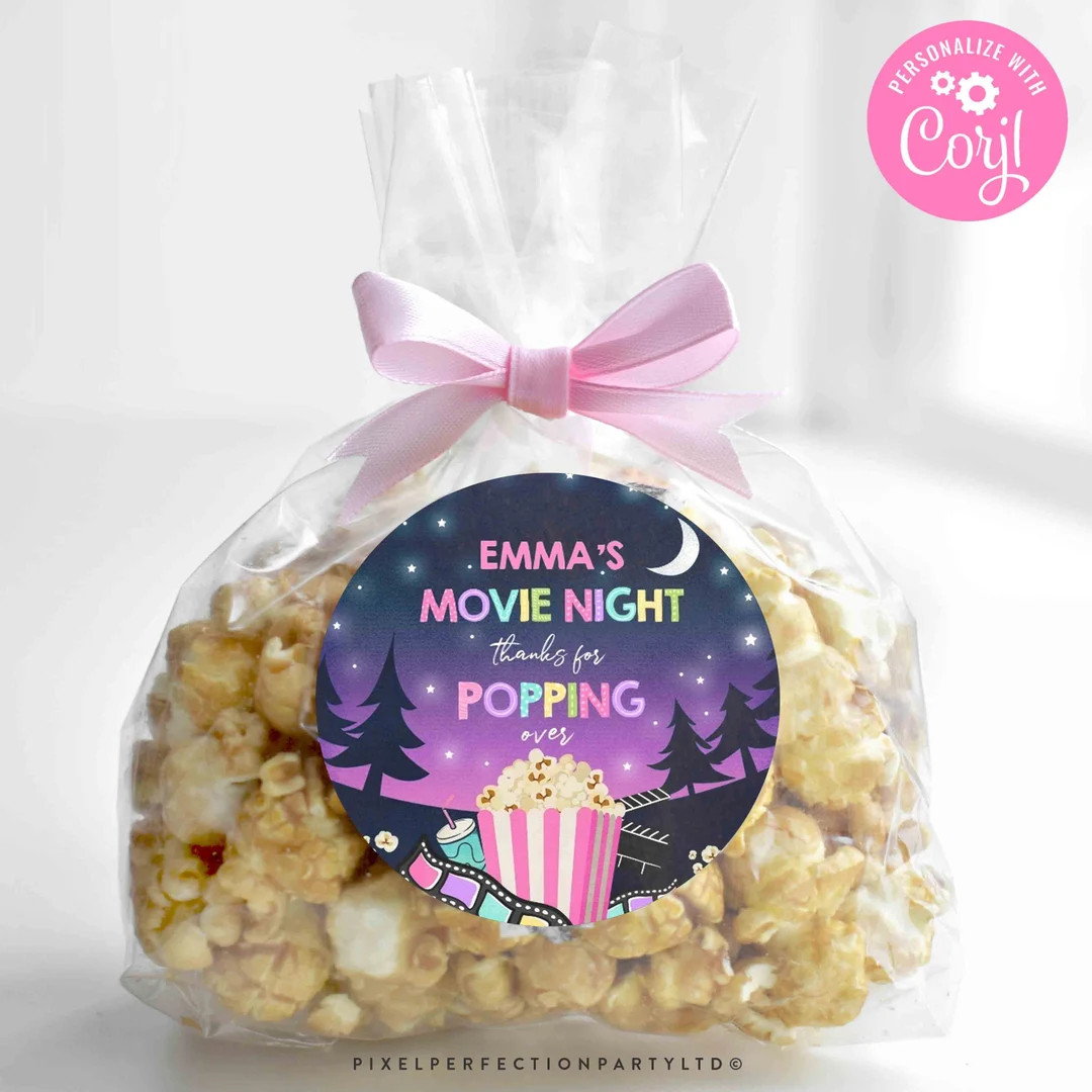Editable Backyard Movie Night Favor Tag Girl Pink Movie Night Birthday Thank You Sticker Gift Tag... | Etsy (US)