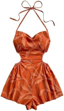 WDIRARA Women's Cut Out Tie Backless Halter Romper Boho Smocked Wide Leg Shorts Jumpsuit | Amazon (US)