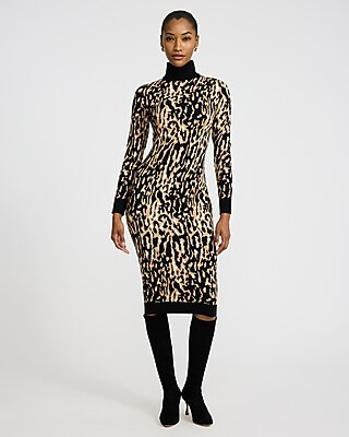 Leopard Turtleneck Long Sleeve Midi Sweater Dress | Express