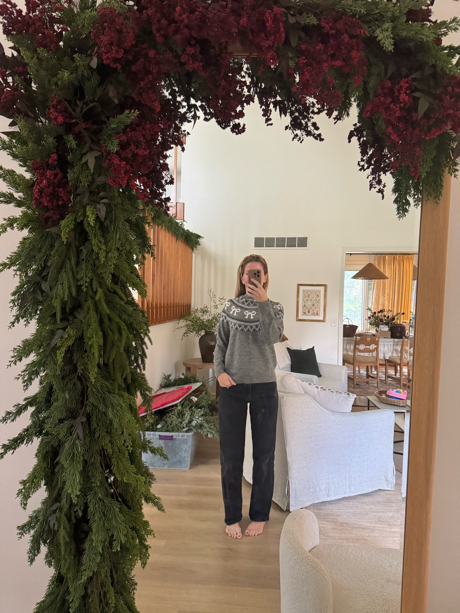 Christmas garland around my floor mirror
Norfolk pine 
Cedar garland

#LTKSeasonal #LTKHoliday #LTKHome