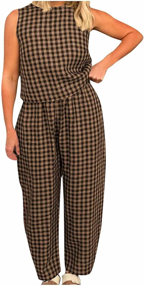Summer Cotton 2 Piece Outfits for Women Casual Plaid Print Sleeveless Crew Neck Vest Top High Wai... | Amazon (US)