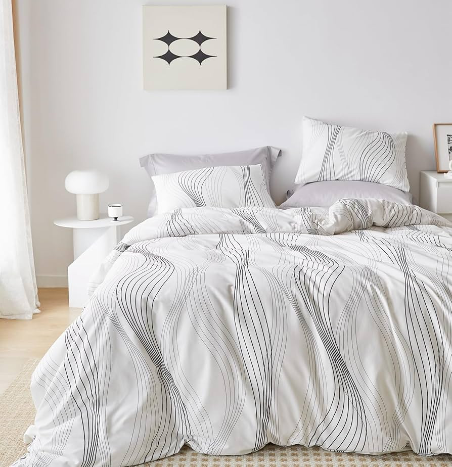 SUSYBAO White Duvet Cover Queen 100% Cotton Black Abstract Striped Duvet Cover 3 Pieces Set 1 Han... | Amazon (US)