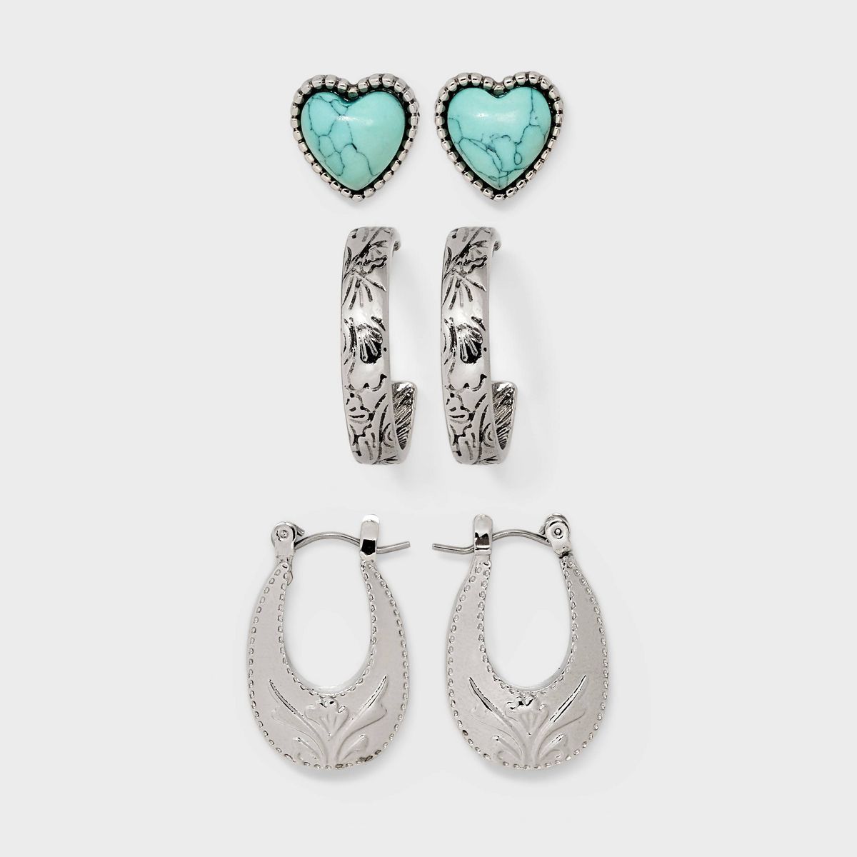 Semi-Precious Turquoise and Textured Stud and Hoop Earring Set 3pc - Wild Fable™ Silver | Target