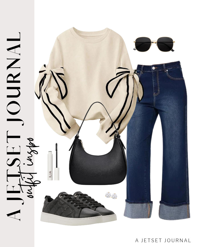 This SHEWIN bow-tie long-sleeved sweatshirt and Vinova wide-leg cuffed jeans combination is our first outfit in this collection. You can style this fit with Ted Baker leather quilted sneakers, classic SOJOS sunnies, and a small crescent shoulder bag. 

 #LTKSeasonal #LTKSaleAlert #LTKTravel