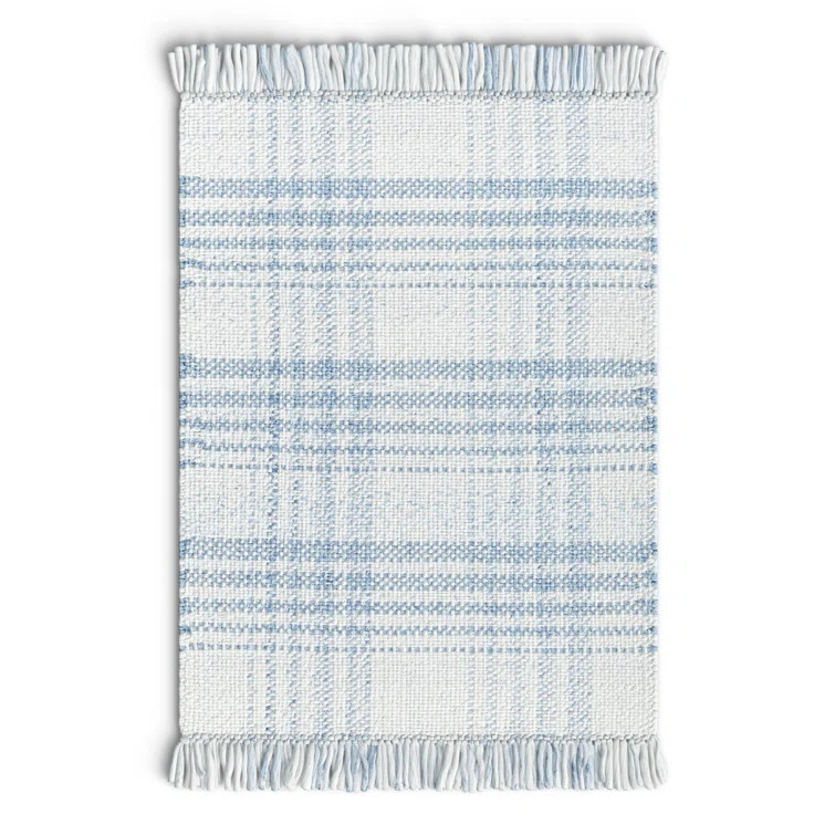 Cay Plaid Handmade Flatweave Recycled P.E.T. Area Rug in Blue/White | Wayfair North America