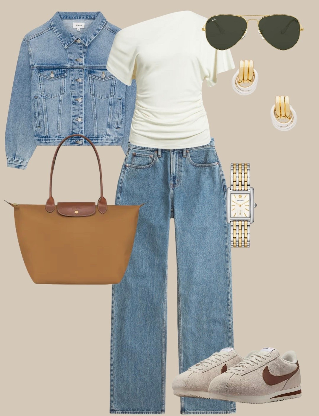 January Outfit - casual chic denim on denim outfit idea, large tote bag for everyday that is under $200, elevated white top, Nike neutral sneakers, and mixed gold and silver jewelry. 

#LTKootd #LTKSeasonal #LTKU