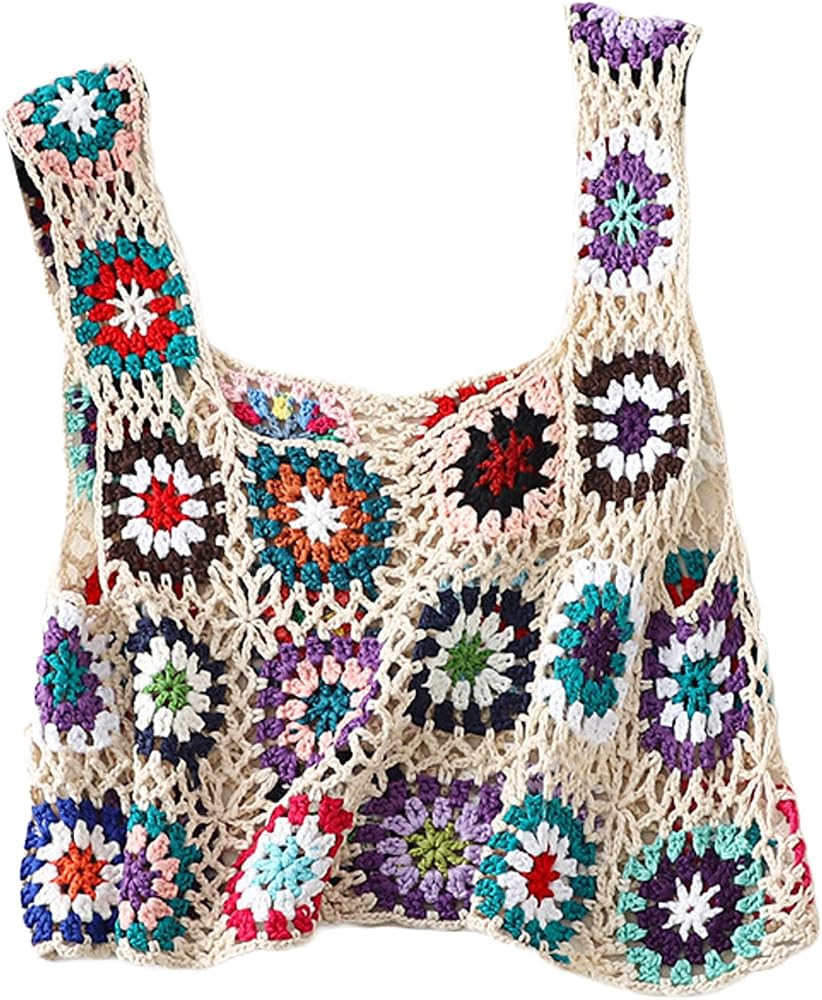 Women's Summer Crochet Tank Top Colorful Floral Embroidery Knit Vest Tops Boho Camisole Beachwear... | Amazon (US)