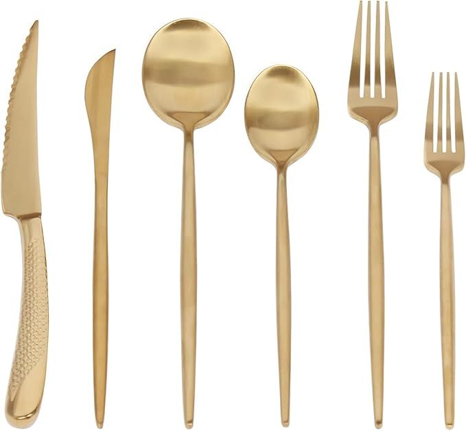 Matte Gold Silverware Set 24 Pieces, Aiercon Flatware Sets for 4, Stainless Steel Utensils Set fo... | Amazon (US)