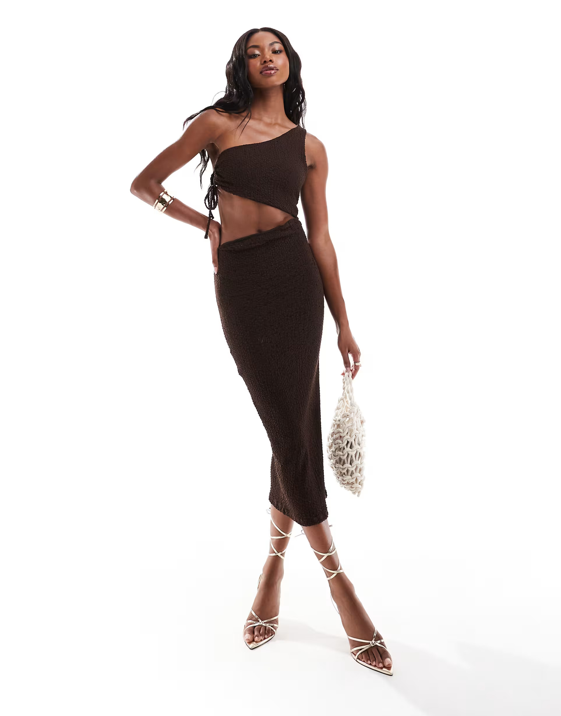 Bershka textured one shoulder cut out detail maxi dress in chocolate | ASOS | ASOS (Global)