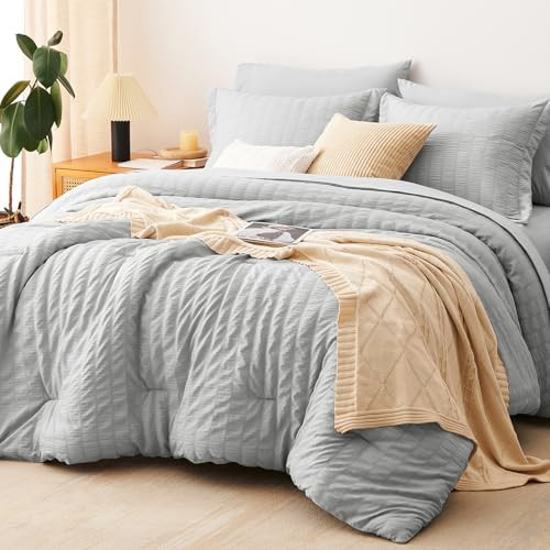CozyLux King Seersucker Comforter Set with Light Grey Bed in a Bag 7-Pieces All Season Bedding Sets with Comforter, Pillow Sham, Flat Sheet, Fitted Sheet, Pillowcase | Amazon (US)